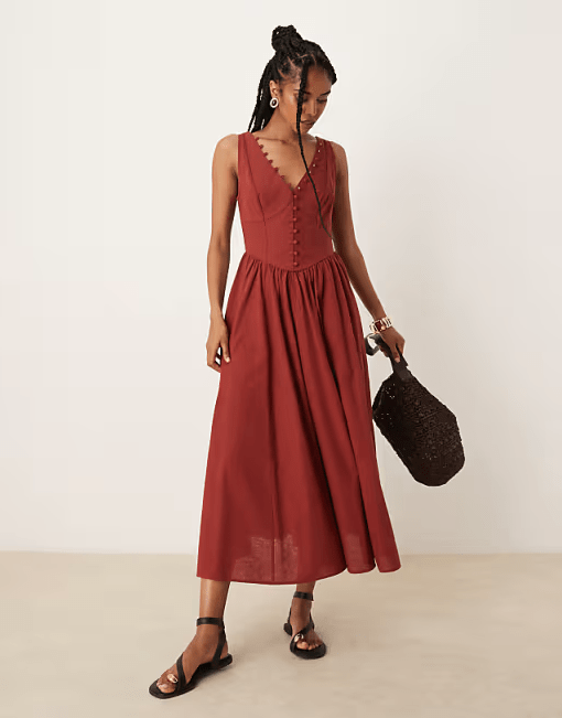 ASOS DESIGN V-neck Button Through Maxi Dress with Dropped Waist