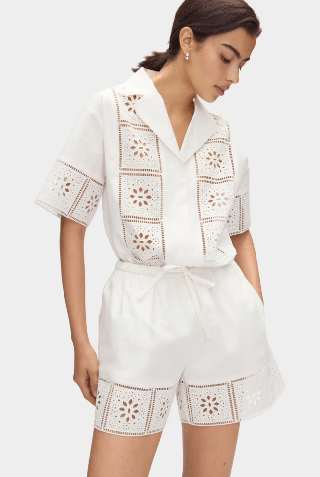 Model wears Aligne Ulysses Broderie Organic Cotton Shirt and Aligne Chelsea Broderie Organic Cotton Shorts