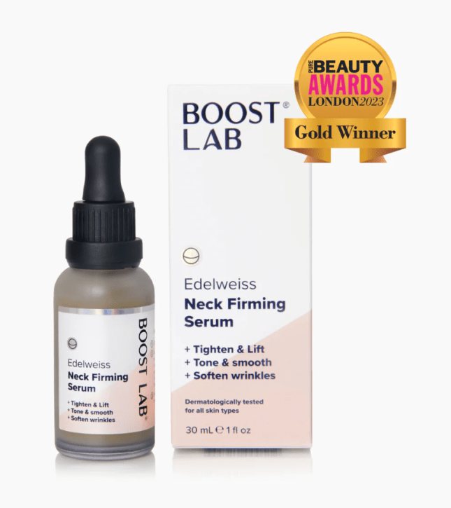 Boost Lab Neck Firming Serum bottle against white background