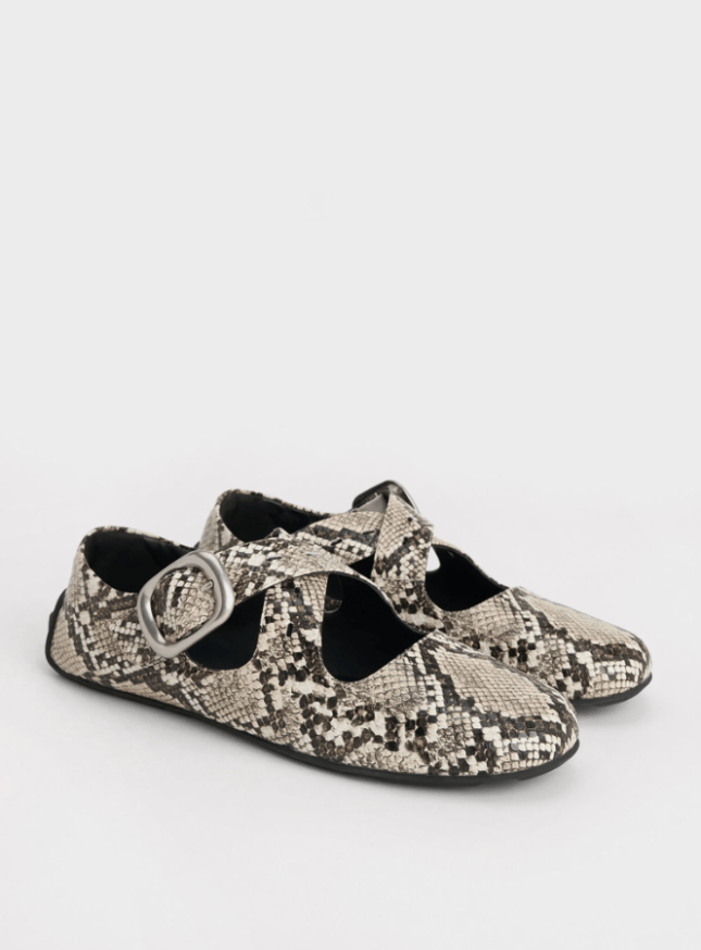 Charles & Keith Snake-Print Crossover-Strap Mary Janes