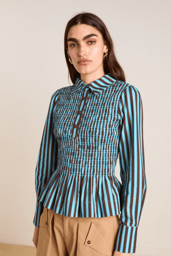 Hazel Shirt - Blue/Choc Stripe from Damson Madder