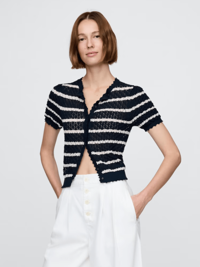 Model wears Navy/White Stripe DÔEN Linen-Blend Short Sleeve Pointelle Cardigan