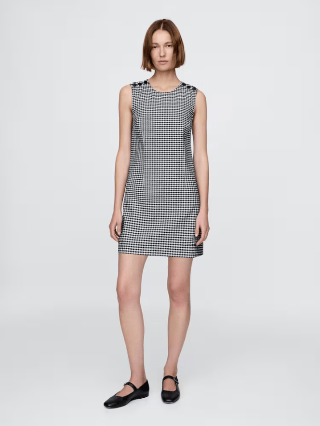 Model wears Black/White DÔEN Gingham Denim Mini Dress