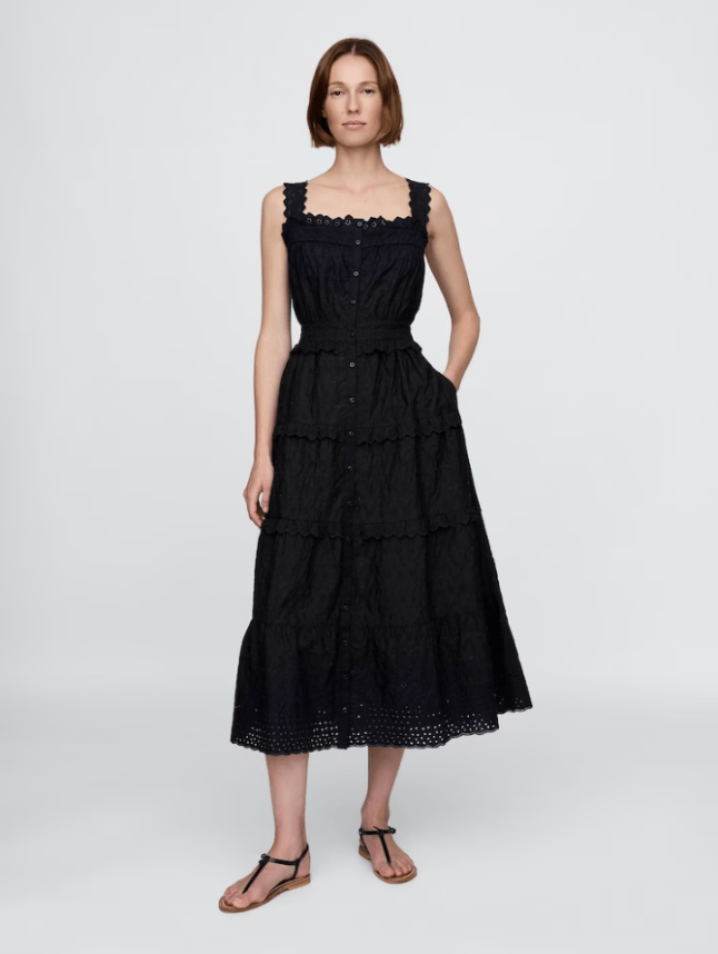 Model wears Black DÔEN Eyelet Maxi Dress from GAP