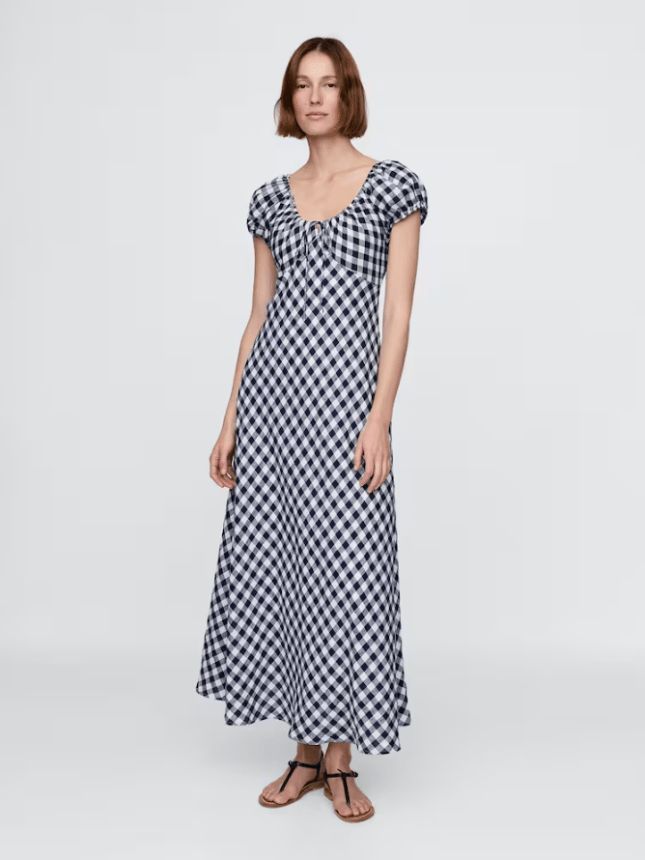 Model wears Navy/Blue DÔEN 100% Linen Gingham Maxi Dress