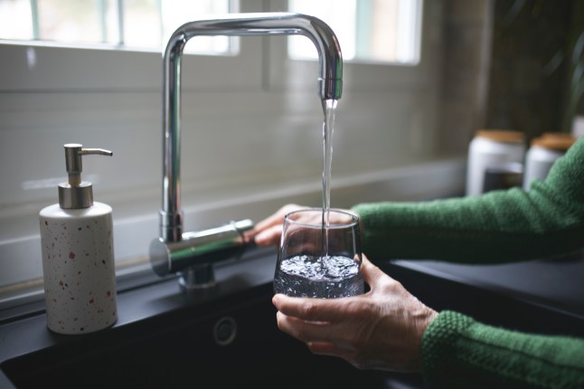 Close up of a senior woman's hand filling a glass of filtered water right from the tap in the kitchen sink at home