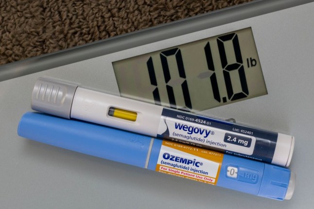 Still life of Ozempic and Wegovy with weight scale.