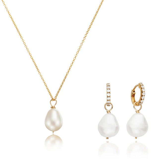 Gold Pearl Drop Huggies and Large Pearl Necklace Gift Set from Lily & Roo