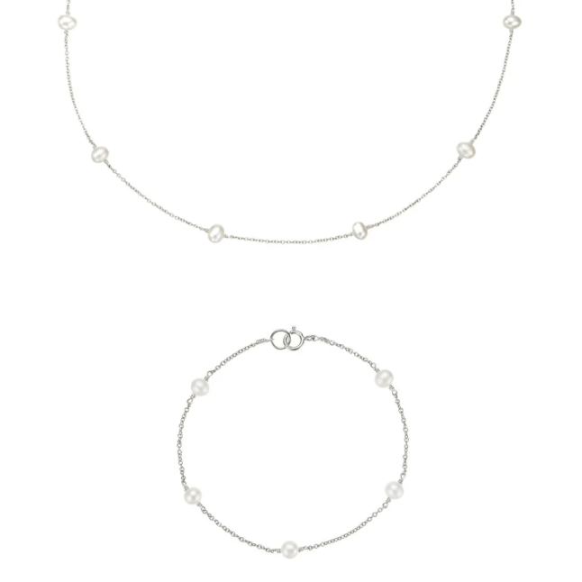 Silver Ten Pearl Choker and Five Pearl Bracelet Gift Set from Lily & Roo