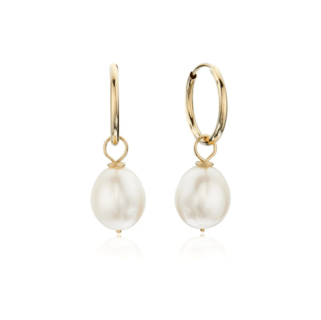 Solid Gold Large Pearl Drop Hoop Earrings from Lily & Roo