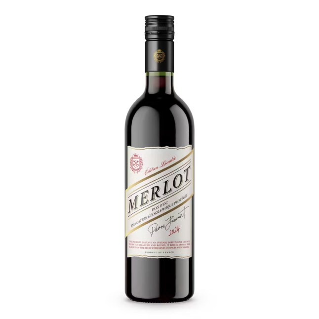 A bottle of Pierre Jaurant Merlot from Aldi on a white background