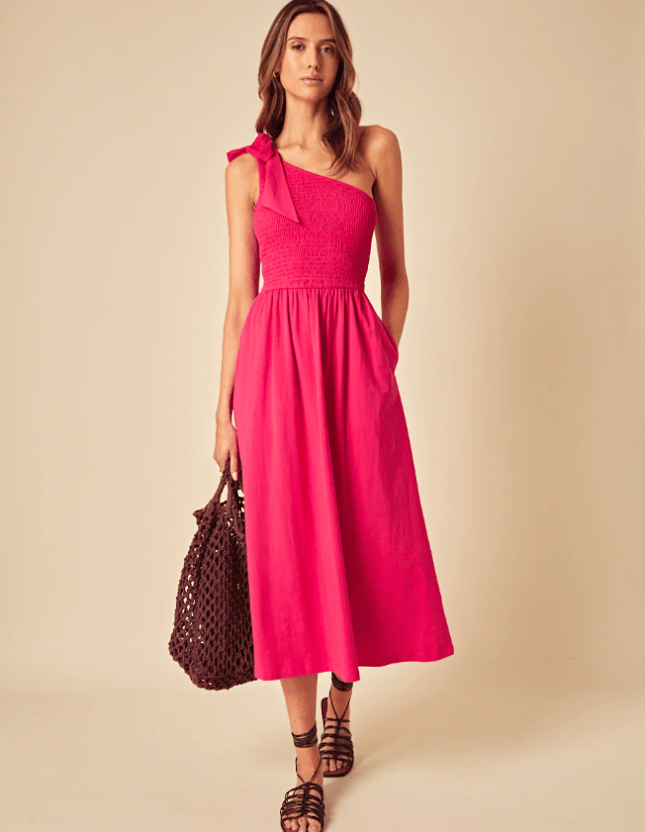Pink One Shoulder Shirred Midi Dress from Nobody's Child