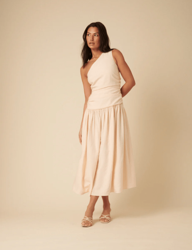 Cream One Shoulder Drop Waist Trent Midi Dress from Nobody's Child