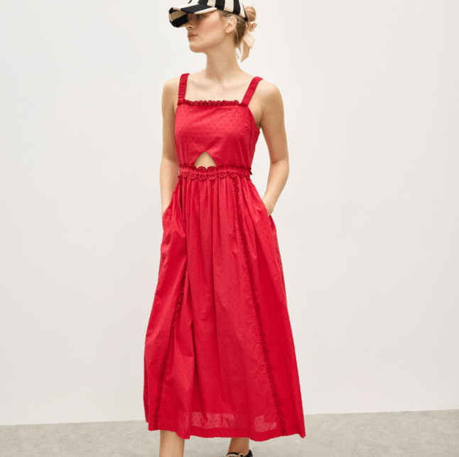 Oliver Bonas Red Broderie Frill Square Neck Dobby Midi Dress