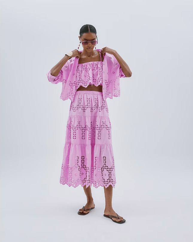 Pink Long Sleeve Cropped Broderie Shirt from River Island