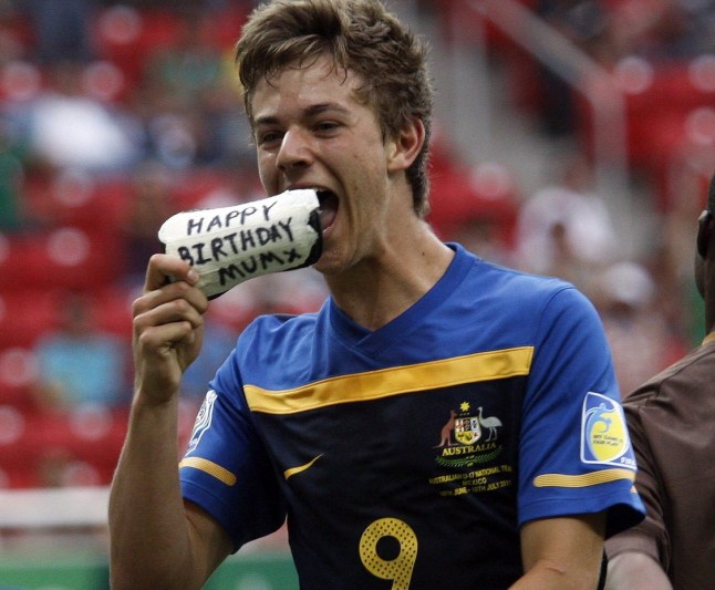 21 Jun 2011, Guadalajara, Mexico --- epa02787596 Australian soccer player Dylan Tombides celebrates after scoring against Ivory Coast, during their Under 17 World Cup soccer match at the Omnilife stadium in Guadalajara, Mexico, 20 June 2011. EPA/Ulises Ruiz Basurto --- Image by ? Ulises Ruiz Basurto/epa/Corbis