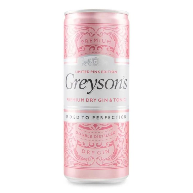 A can of Greysons Pink Gin and Tonic on a white background