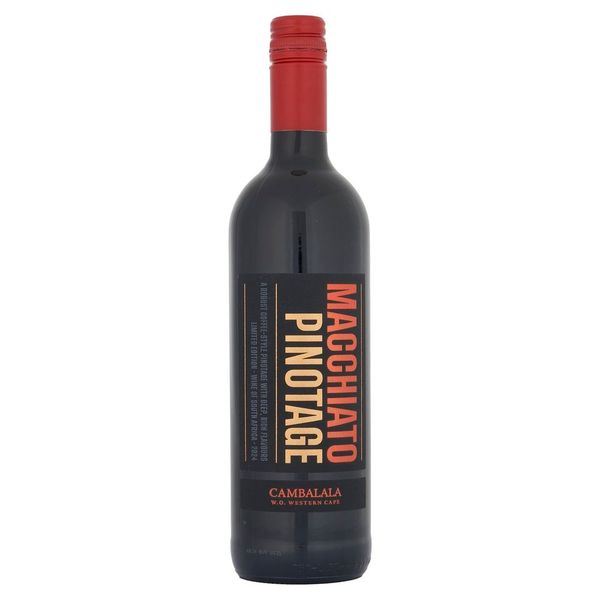 A bottle of Aldi's Macchiato Pinotage red wine on a white background