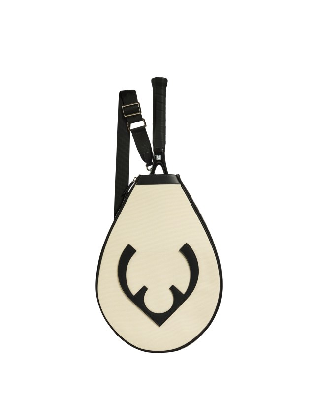 Cream tennis racket cover with Antler logo on the front in black