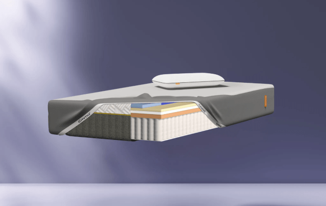 Emma Hybrid Airgrid Mattress Deal. Image shows mattress and pillow floating in mid air.