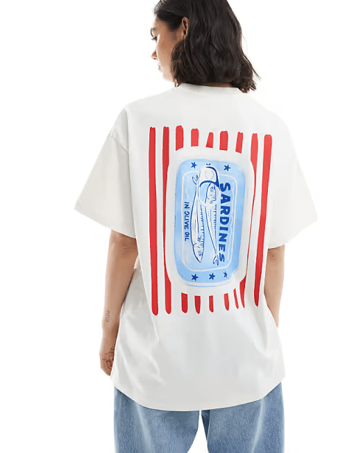 Female wears white ASOS t-shirt with sardine print
