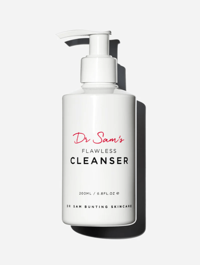 White bottle of Dr Sam's Flawless Cleanser