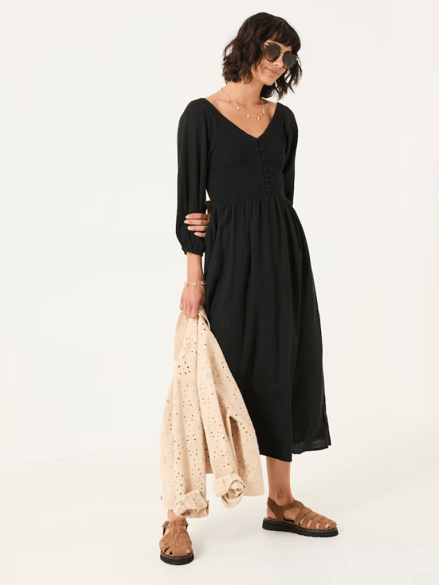 Female wears black Fat Face Adele Midi Dress