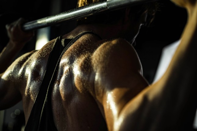 Close up of sweaty sportsman doing back exercises with barbell in a gym.