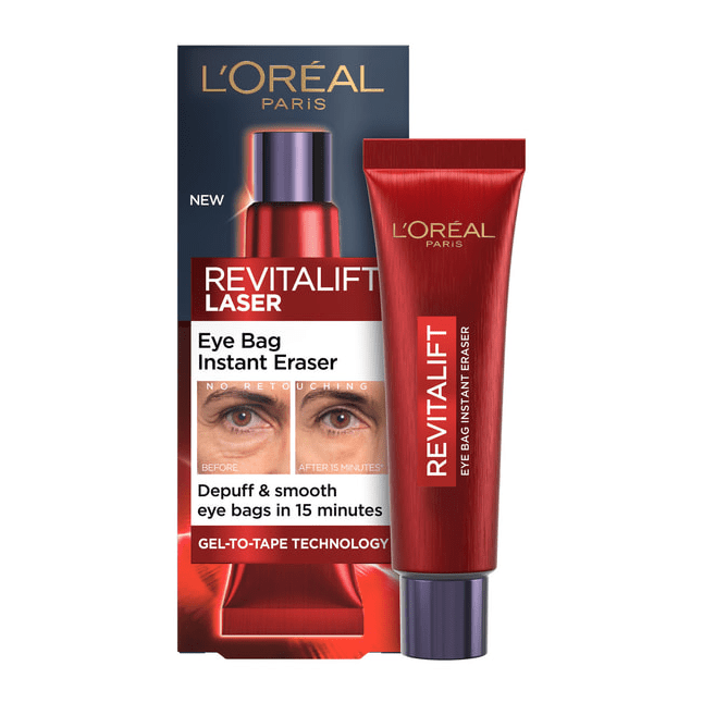 Tube of red L'Oreal Paris Revitalift Laser Eye Bag Instant Eraser Eye Cream with blue cap