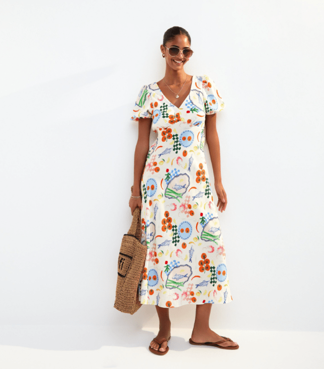 Female wears printed white New Look dress