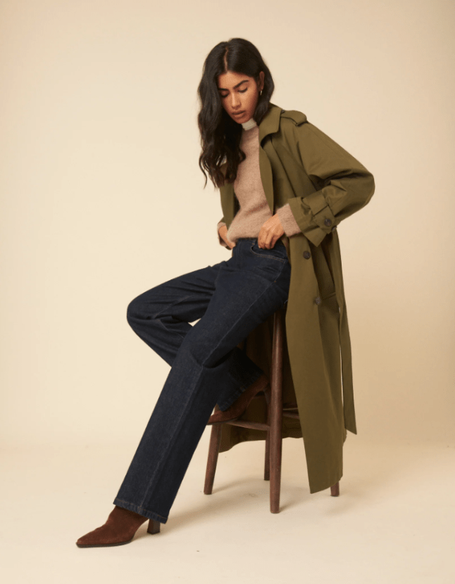 Female wears khaki Nobody's Child trench coat