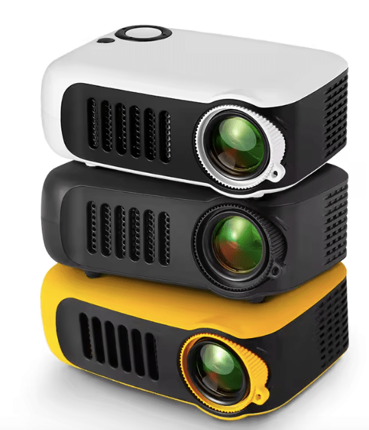Three colourful AliExpress projectors on top of each other