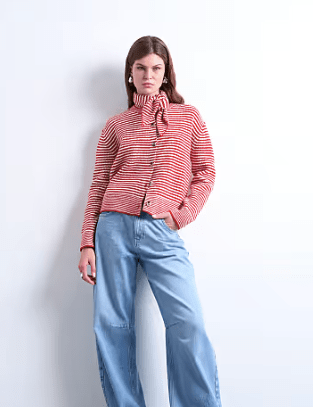 Female wears red and white stripe TOPSHOP jacket