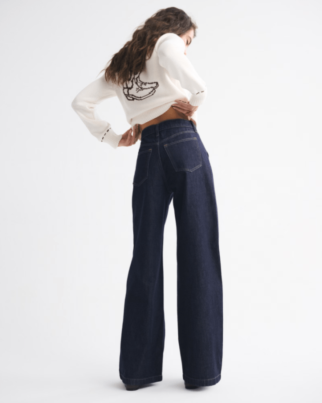 Female wears Abercrombie & Fitch High Rise Wide Leg Trouser Jean