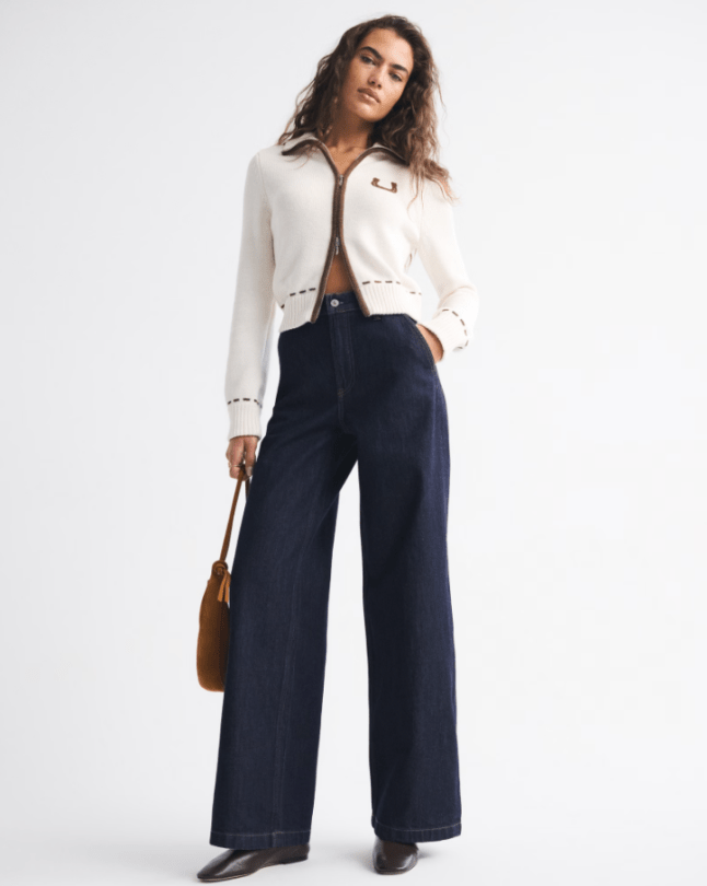 Female wears Abercrombie & Fitch High Rise Wide Leg Trouser Jean