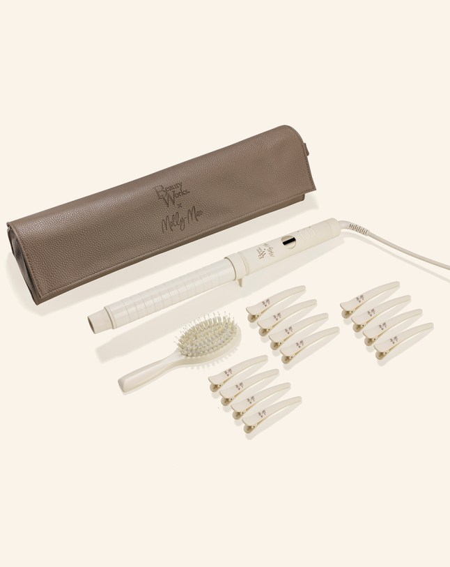 Items found in the Beauty Works x Molly-Mae Curl Kit, including a curling tong, brush and clips