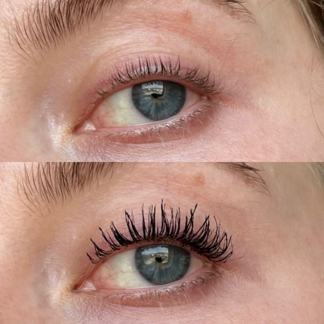 Lydia Wheatley's eyes before and after wearing the Sephora mascara.