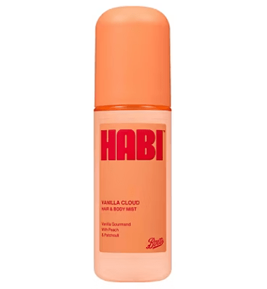 Orange bottle of Boots' Habi Hair & Body Mist in Vanilla Cloud
