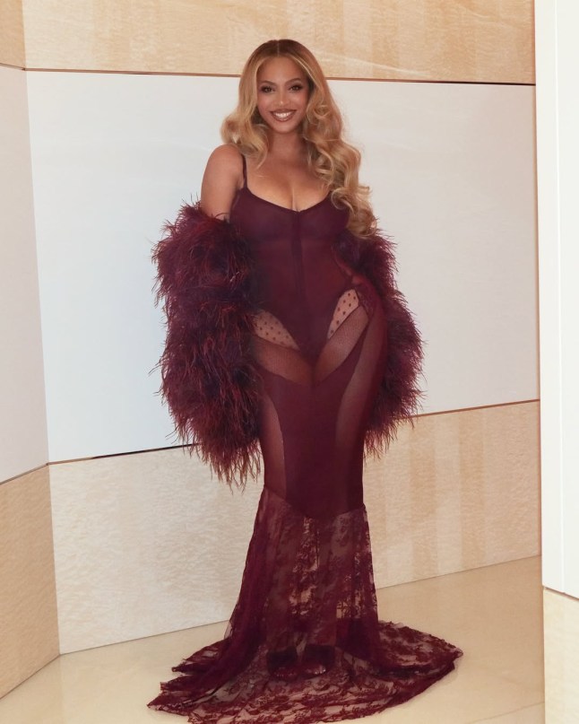 Female (Beyonce) wearing sheer burgundy dress