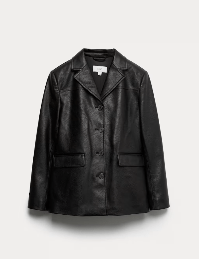 Black M&S Cracked Single Breasted Blazer Coat