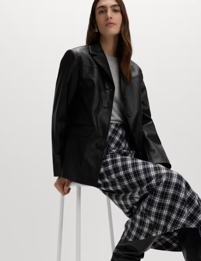 Female wears black PU M&S jacket