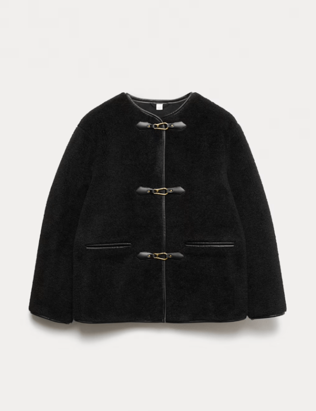Black Faux Fur Buckle Trim Coat