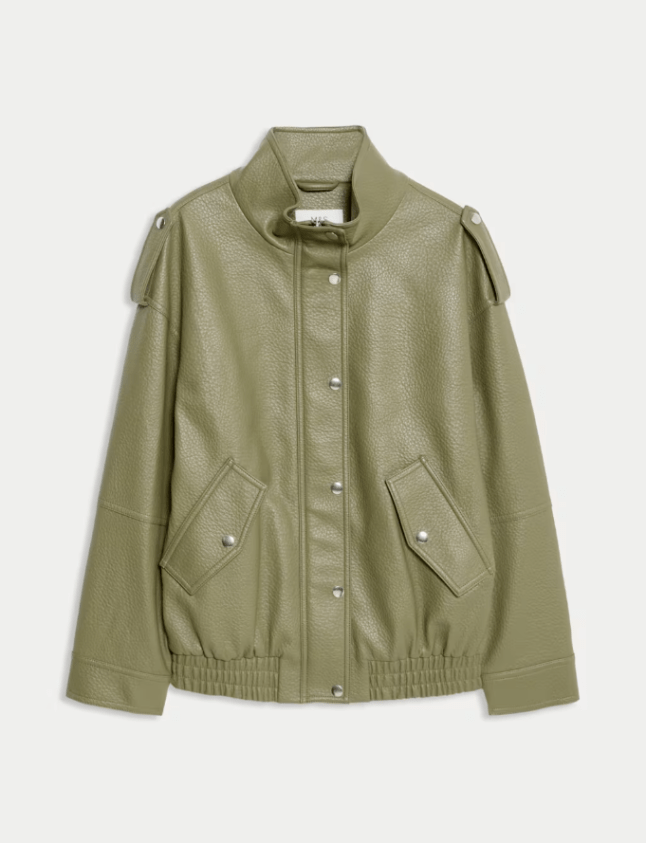 Green Faux Leather Textured Longline Bomber Jacket