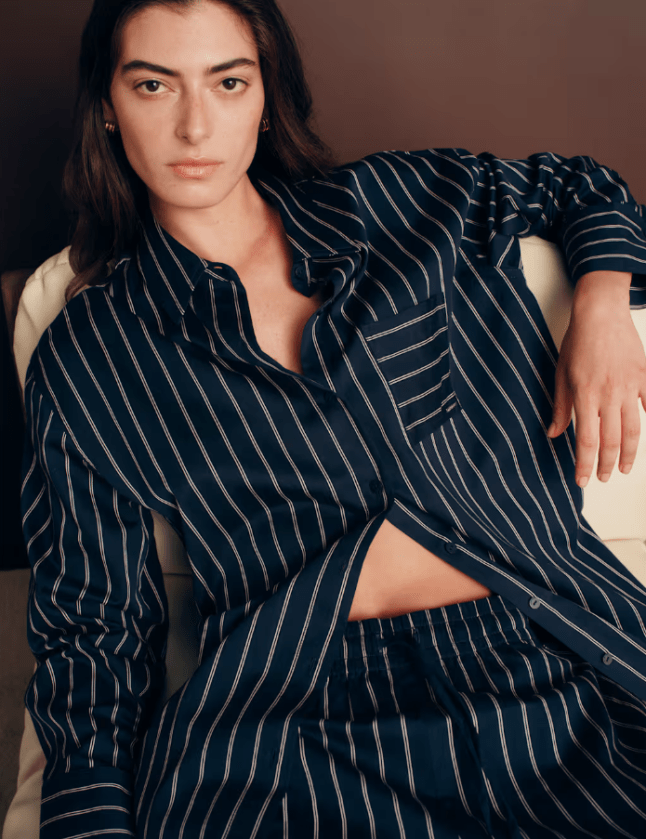 Female wears Autograph Pure Cotton Striped Pyjama Set