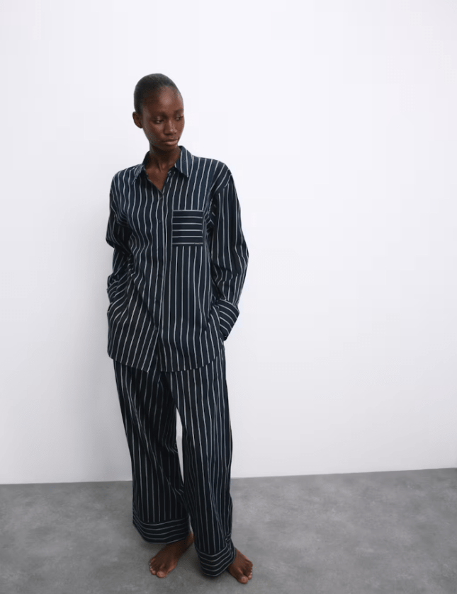 Female wears Autograph Pure Cotton Striped Pyjama Set