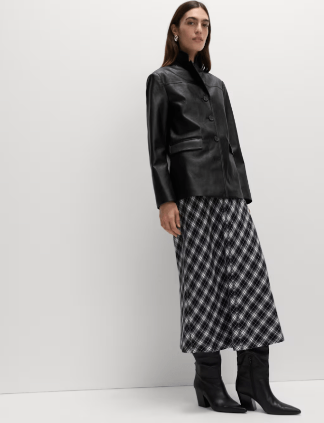 Female wears black PU M&S jacket