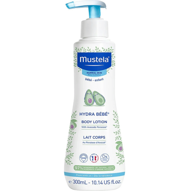 White bottle of Mustela Hydra Bebe Body Lotion