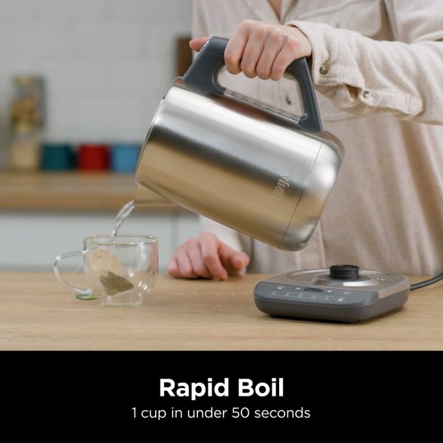 Hand holding Ninja kettle in silver