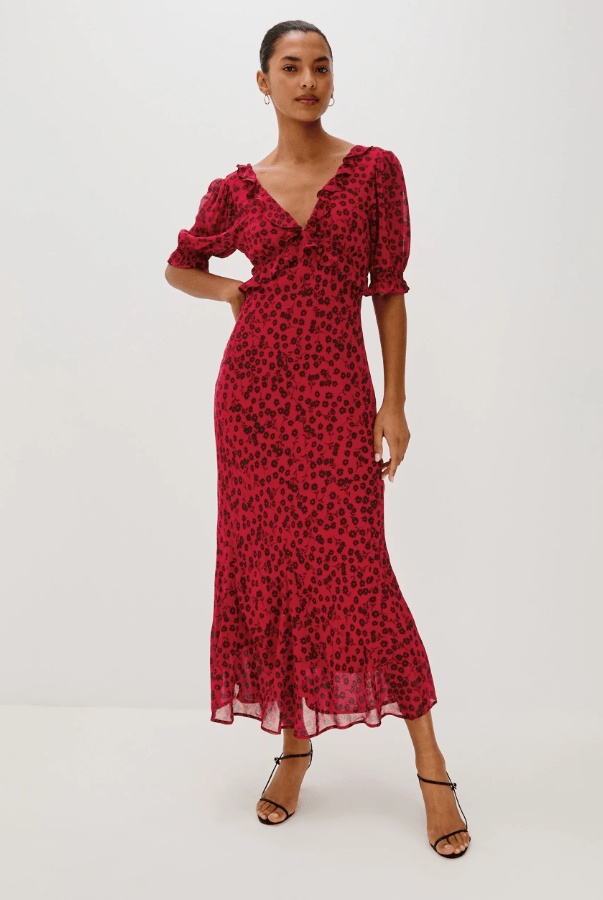 Female wears red Rails dress