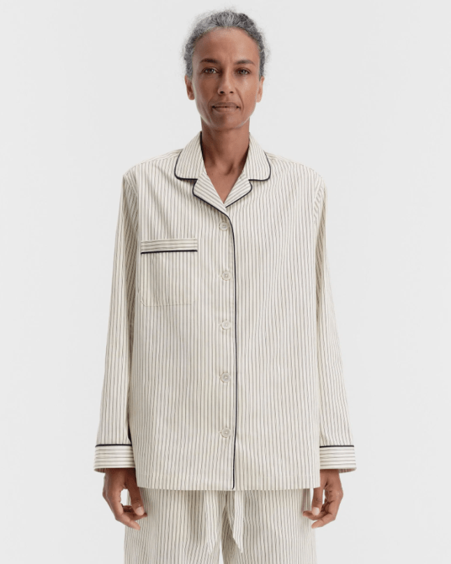 Female wears Tekla Sateen Women's Long-Sleeved Shirt